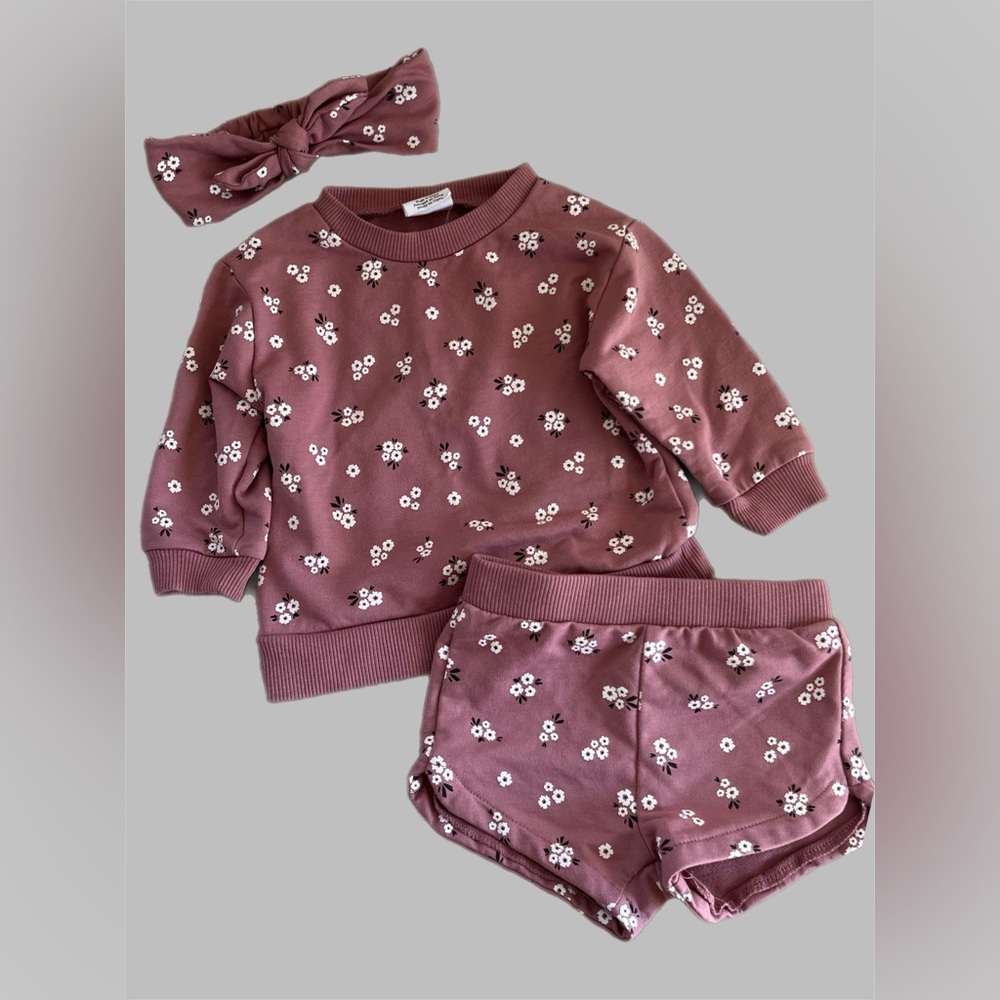 EUC Petit Lem Baby Girl Mauve Floral 3-Piece Set (12M)